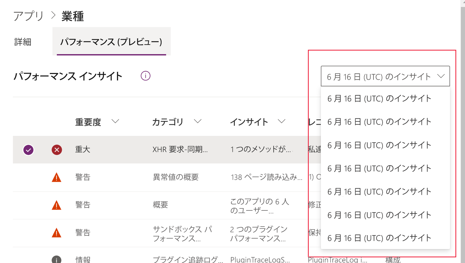 パフォーマンス分析情報を表示する日付を選択する。