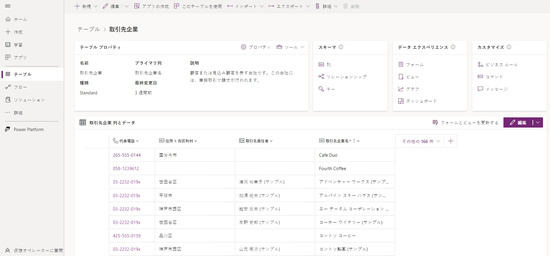 Dataverse アカウント テーブル。