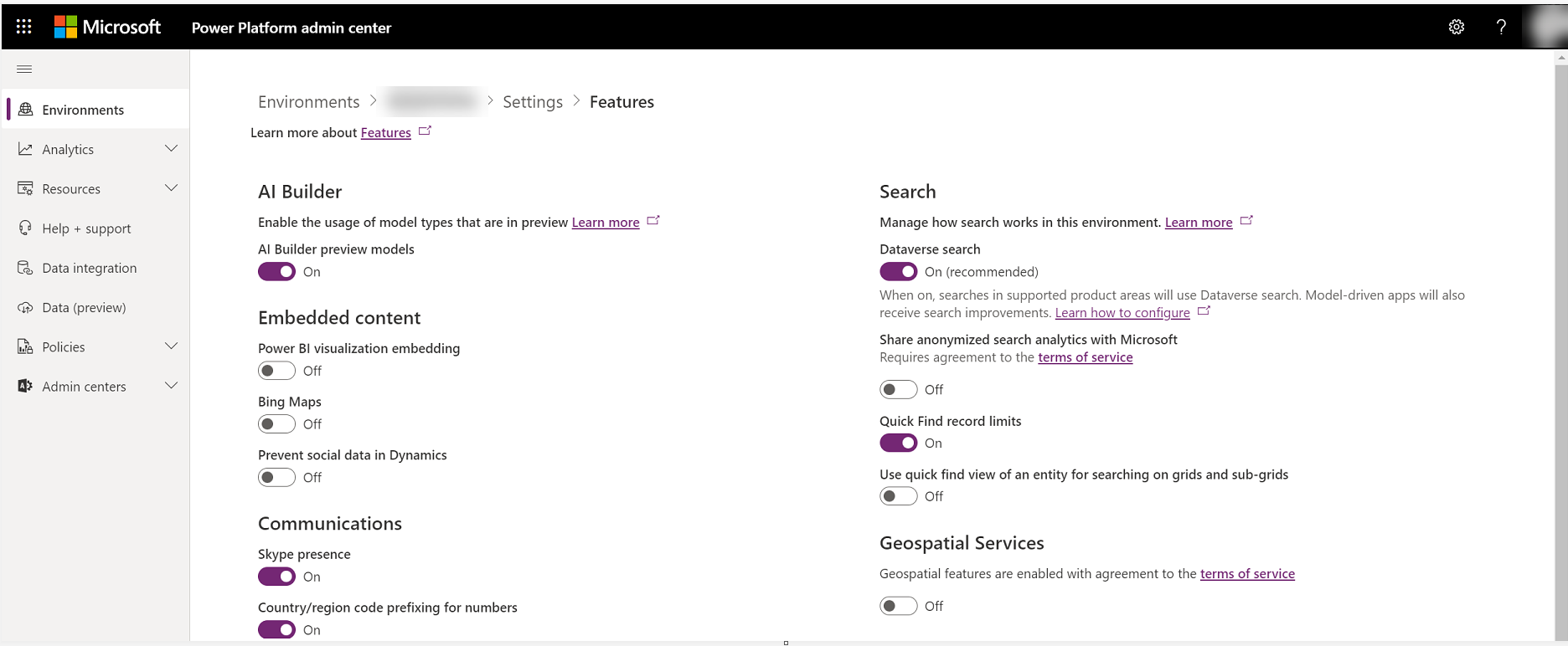 Power Platform 管理センターで Dataverse 検索を有効化する