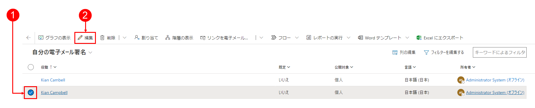 メールの署名の既定設定を変更する。