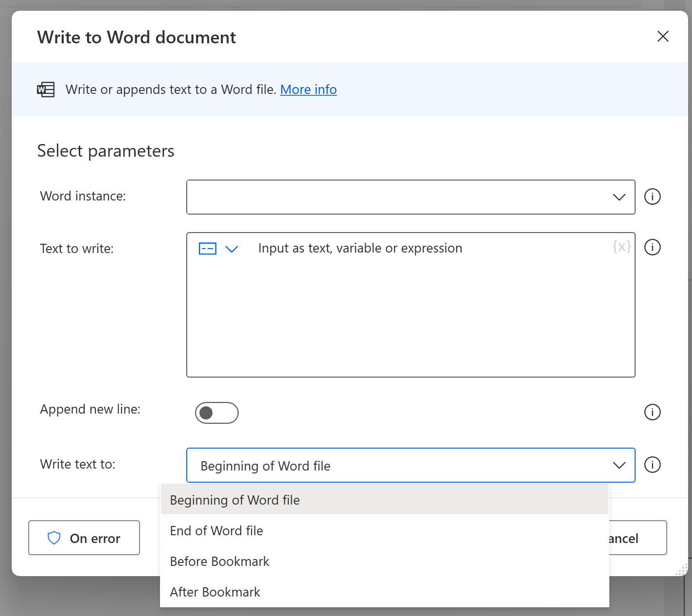 Word インスタンスに書き込むアクションのスクリーンショット