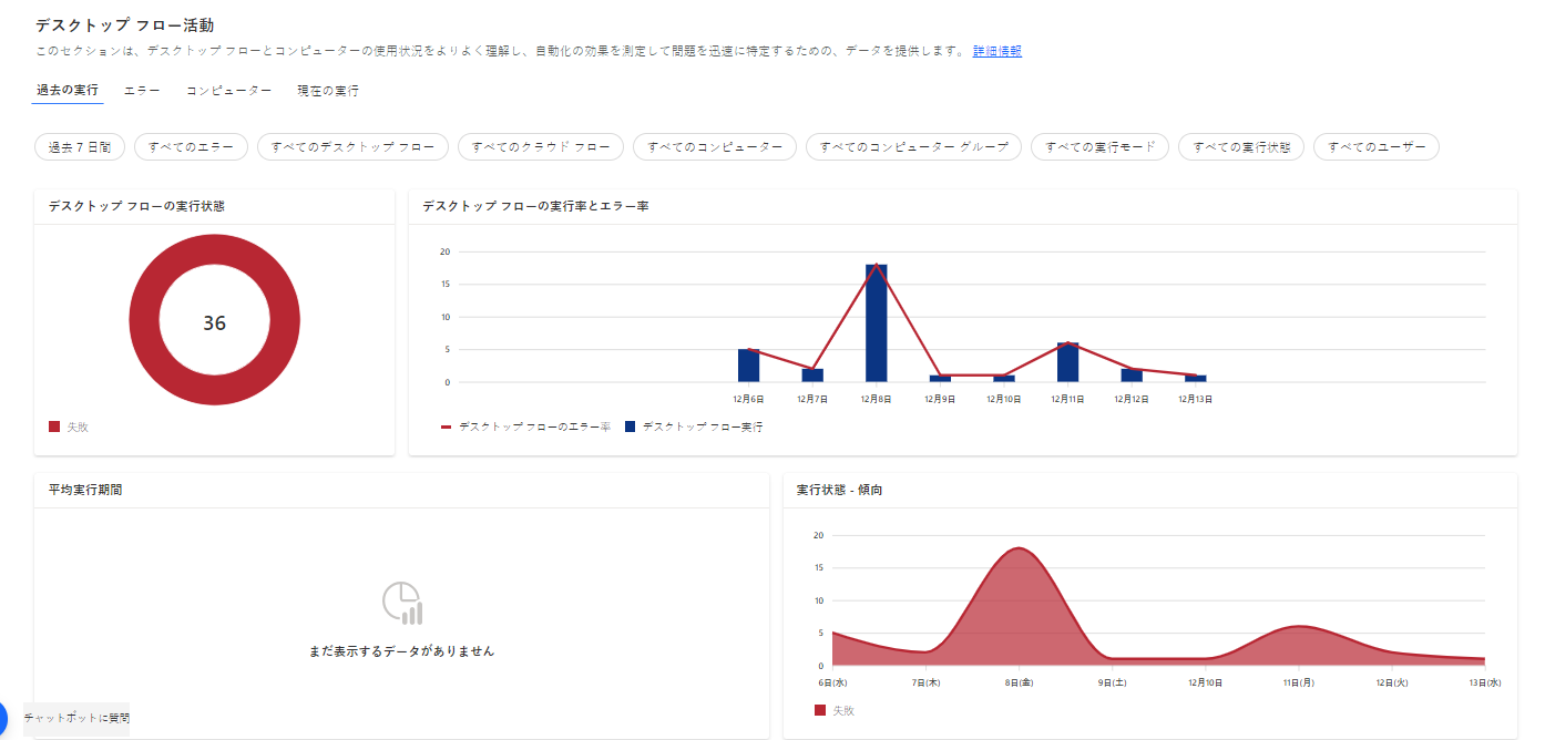 デスクトップ フロー活動の最後の実行セクションのスクリーンショット。