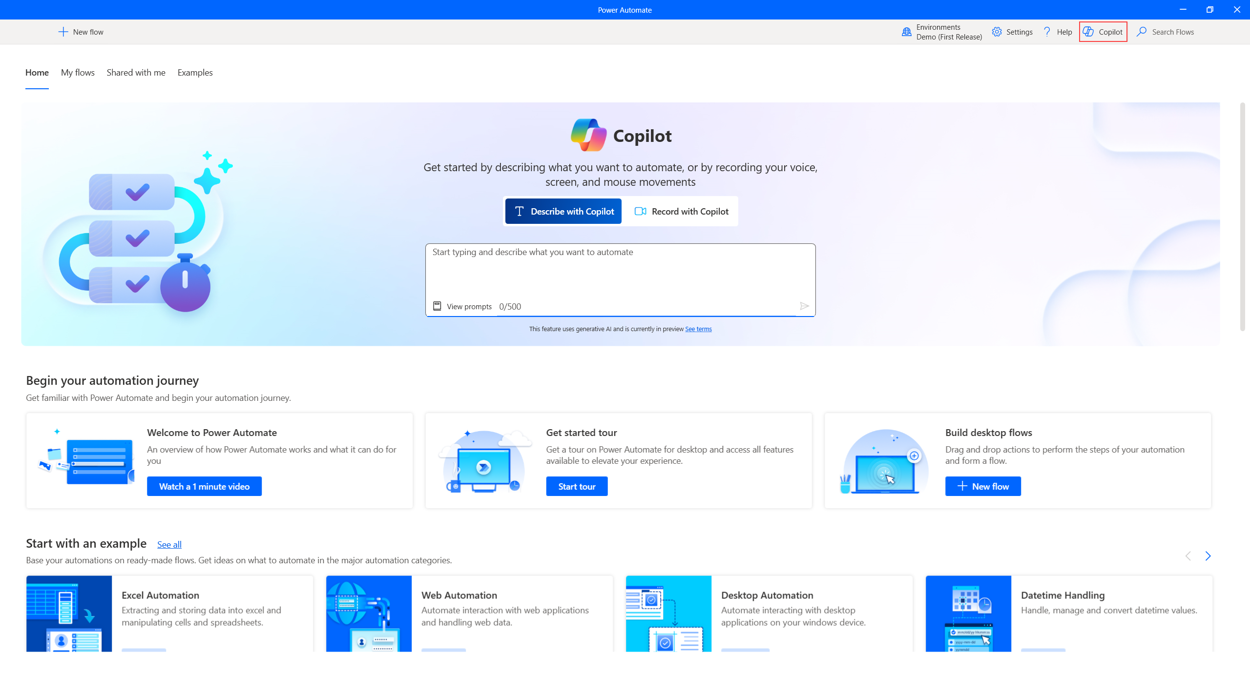 コンソールの Copilot ボタンの場所を示すスクリーンショット。