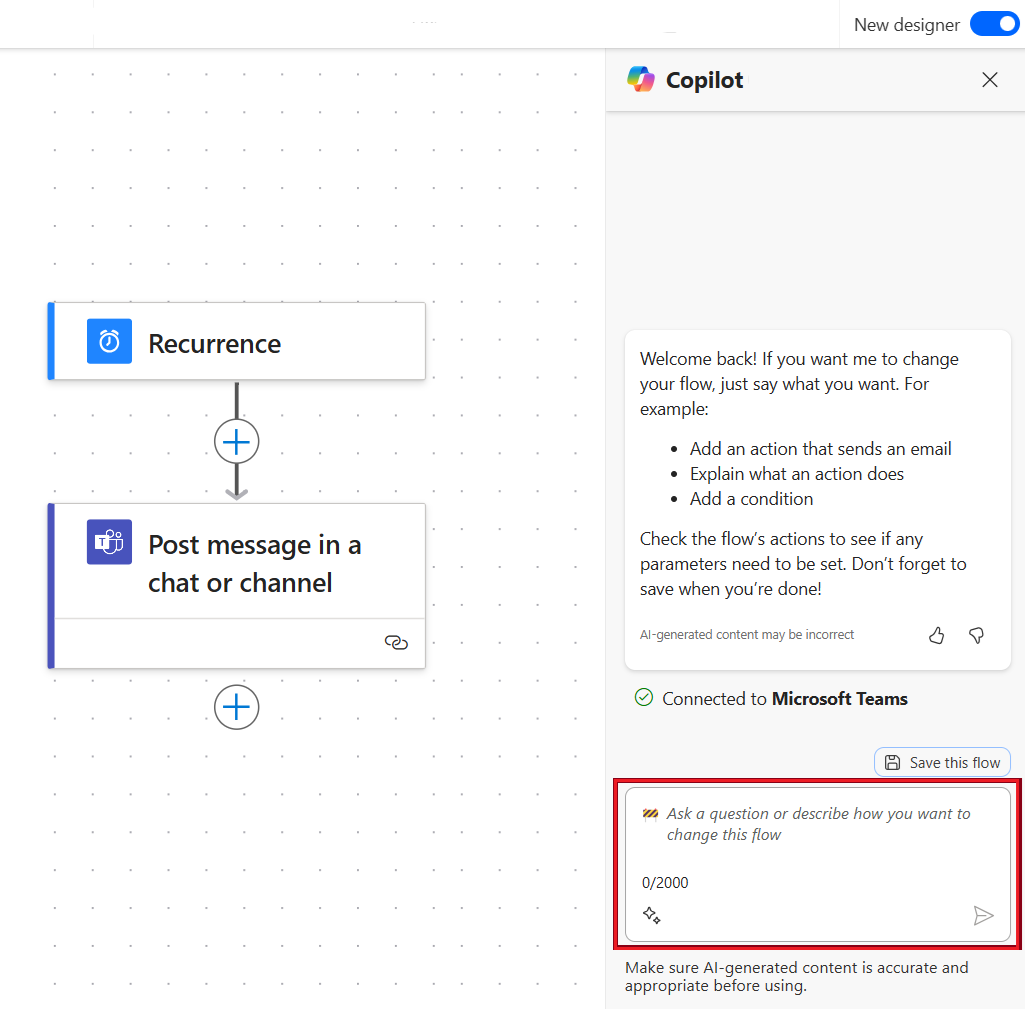 フローを表示した Copilot のクラウド フロー デザイナーのスクリーンショット。