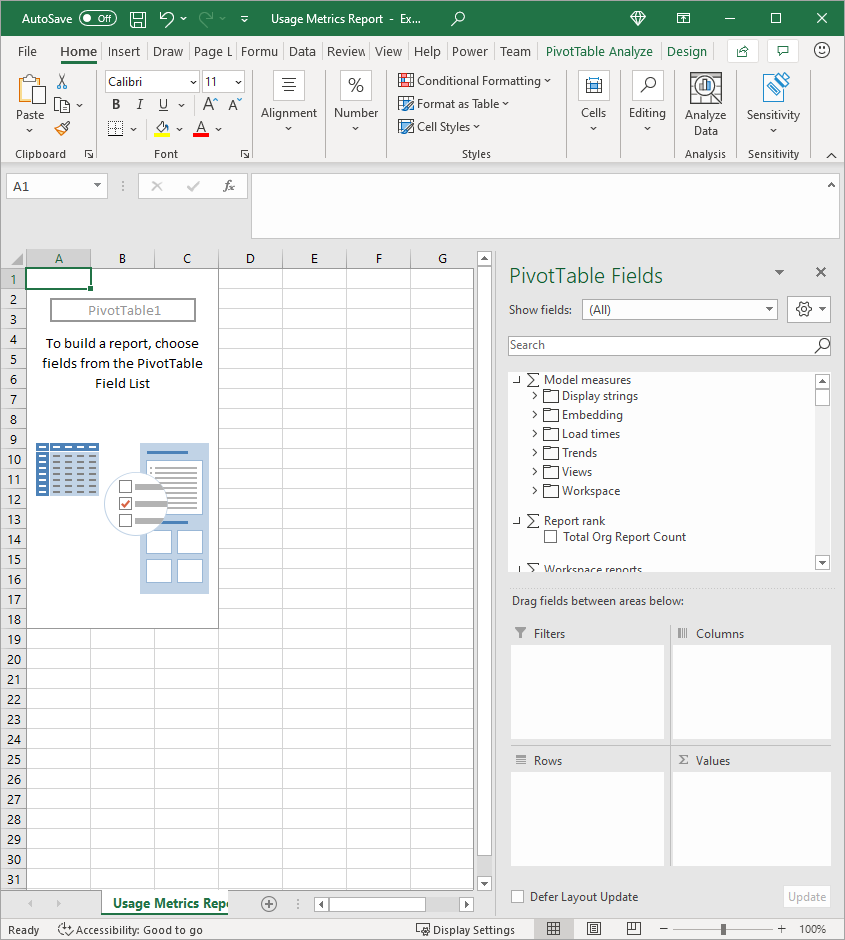 Excel のピボットテーブルのスクリーンショット。