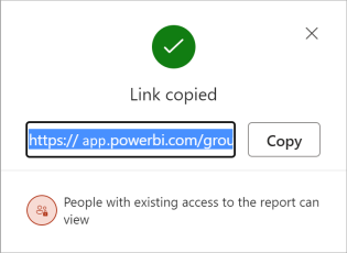 視覚化の共有の [リンクがコピーされました] ダイアログを示すスクリーンショット。