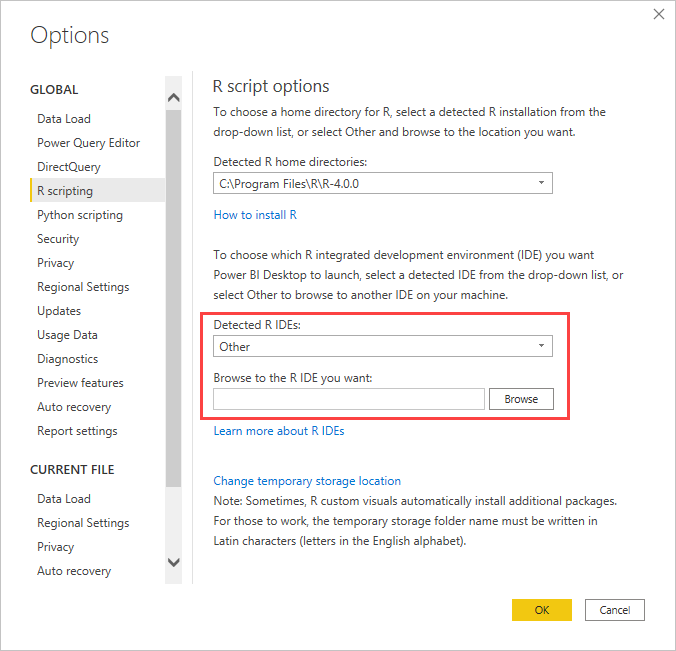 Screenshot of the Options dialog, showing Other is entered in the Detected R I D E field to enter a preferred R I D E.