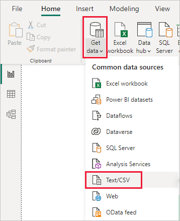 Screenshot shows the Get data option where you can select Text/CSV.
