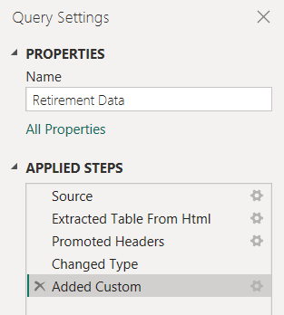 Screenshot of Power Query Editor's Query Settings pane showing the Applied Steps list with the actions so far.