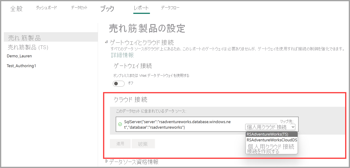 改ページ対応レポートのデータ接続のマッピングを示すスクリーンショット。