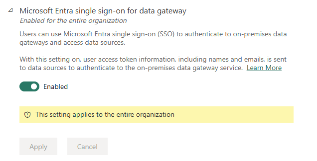 Power BI 管理ポータルの Microsoft Entra SSO for gateway 機能のスクリーンショット。