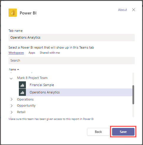 [タブの追加] ウィンドウと、[保存] ボタンが強調表示された Power BI のスクリーンショット。