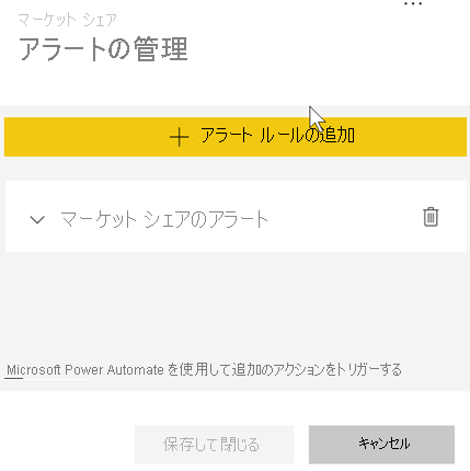 アラートを管理するためのウィンドウを示すスクリーンショット。Alert for Market Share アラートが表示されています。