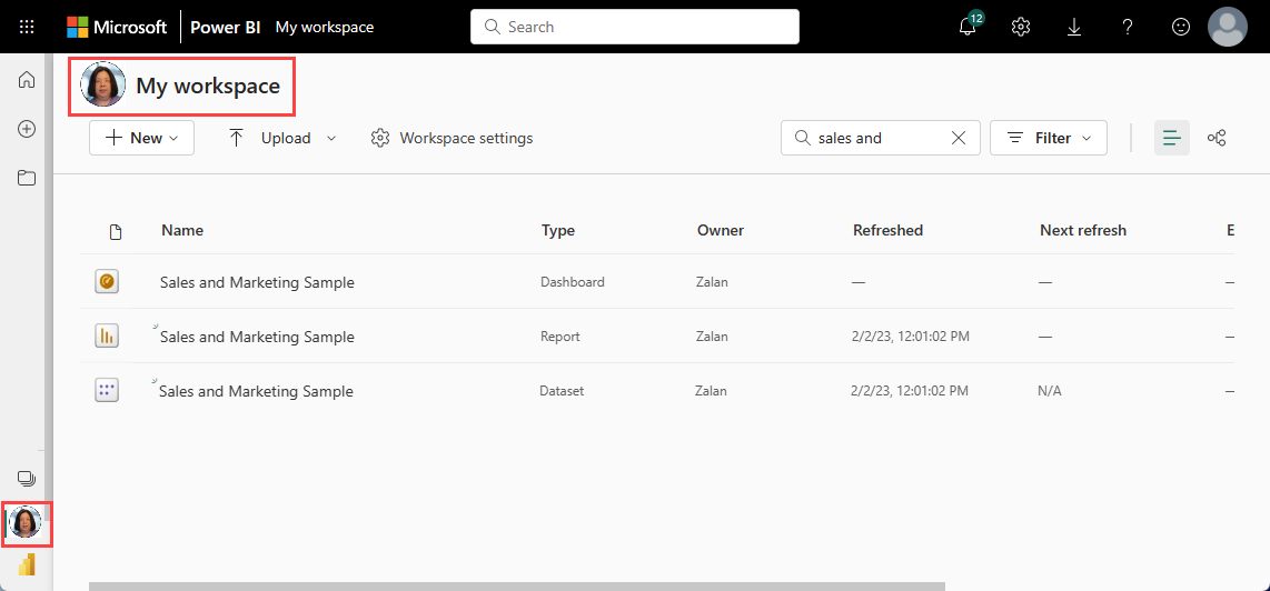 このスクリーンショットには、[マイ ワークスペース] が赤線で囲まれた Power BI 画面が示されています。