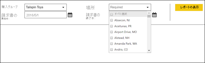 レポートのパラメーターを示すスクリーンショット。