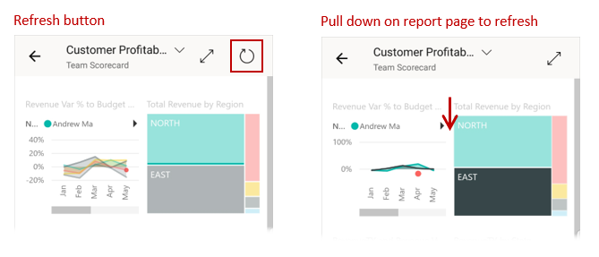 Screenshot showing Refresh button versus pull-to-refresh method.