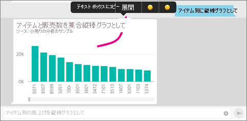 [展開] を指すポインターが示されている、縦棒グラフのスクリーンショット。