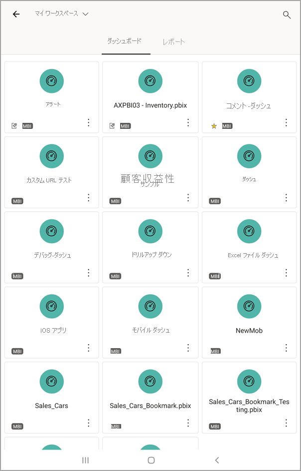 Screenshot shows an Android tablet screen with My Workspace with DASHBOARDS selected.