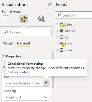 Power BI Desktop の条件付き書式設定オプションを示すスクリーンショット。