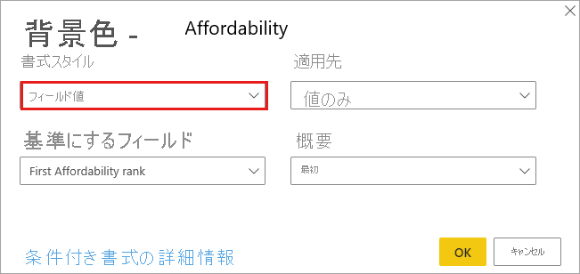 [Affordability 列の背景色の書式スタイル] のダイアログ: [書式スタイル] ドロップ ダウンは [フィールド値] に設定されています。