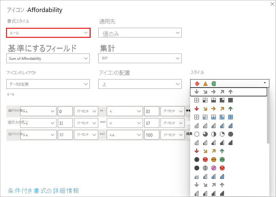 アイコンのダイアログ: 書式スタイルは [ルール] に設定されています。利用できるアイコンは [スタイル] ドロップダウンに表示されます。