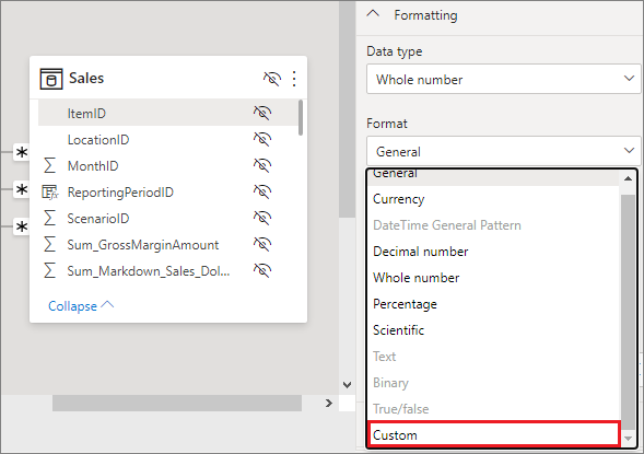 [書式] ドロップダウン メニューの [カスタム] が強調表示されている、モデリング ビューの Power BI デスクトップのスクリーンショット。