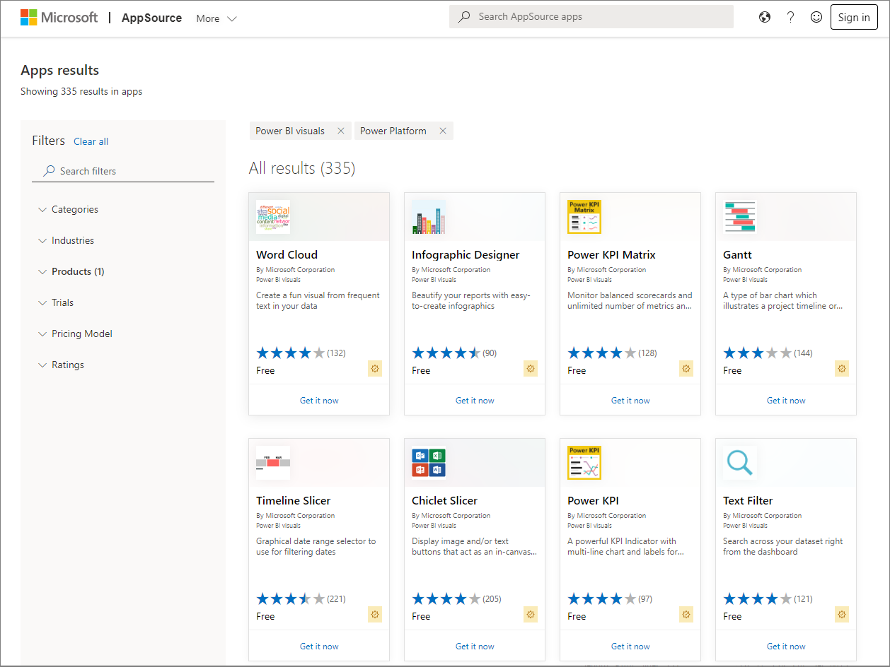 Power Platform および Power BI ビジュアルに向けてフィルター処理された AppSource のスクリーンショット。