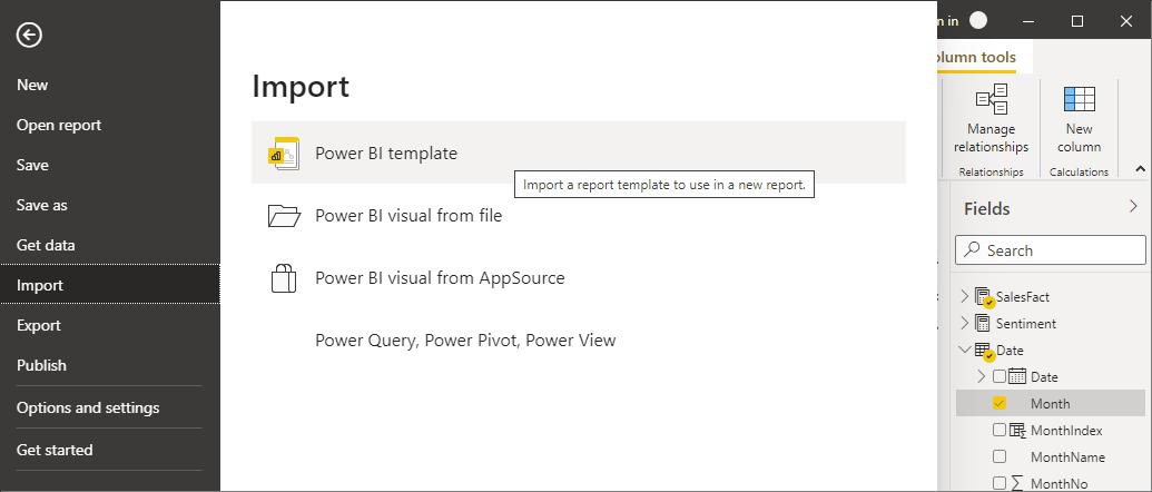 [インポート] オプションが表示されている Power BI Desktop のスクリーンショット。