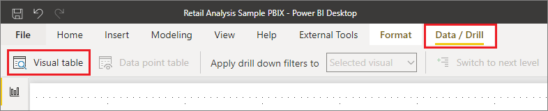 Power BI Desktop リボンの [データ / ドリル] タブで [視覚エフェクト テーブル] 機能が見つかる場所を示すスクリーンショット。