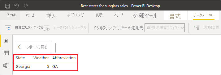 Power BI Desktop のキャンバスのスクリーンショット。選択した列要素のすべてのデータがテーブルに表示されています。