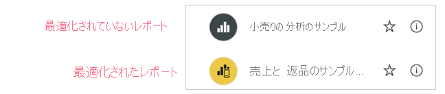 Power BI モバイル アプリの最適化されたレポート アイコンを示すスクリーンショット。