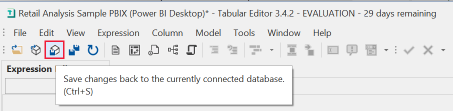 Tabular Editor の [パースペクティブの保存] 設定が強調表示されているスクリーンショット。