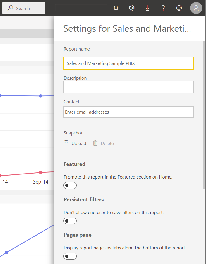 Power BI サービスでの [レポートの設定] ウィンドウのスクリーンショット