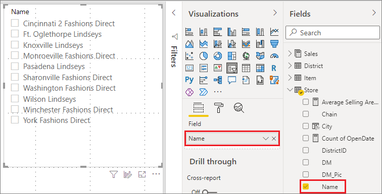 Power BI Desktop のスライサーに追加されたフィールドを示すスクリーンショット。