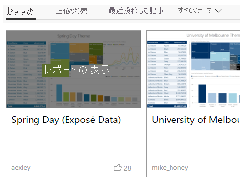 テーマ ギャラリー レポート オプションのスクリーンショット。