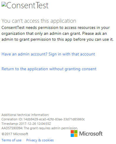 Consent Test のアクセス許可エラーを示す、Azure portal ウィンドウのサインイン ダイアログのスクリーンショット。