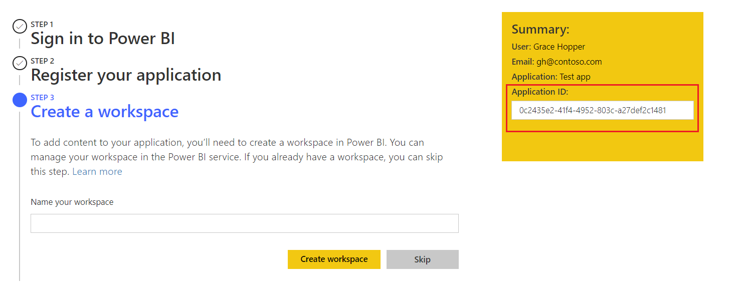 Power BI 埋め込み分析セットアップ ツールのスクリーンショット。右側に [概要] ボックスが表示されています。ボックスの中の情報にはアプリケーション ID が含まれています。