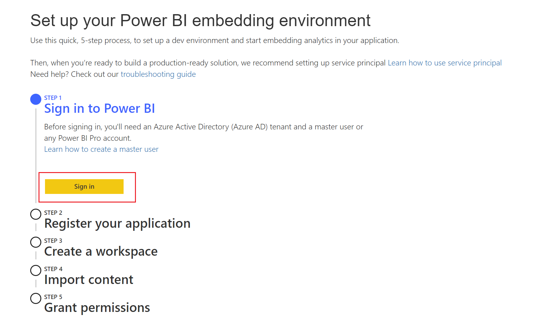 Power BI 埋め込み分析セットアップ ツールのスクリーンショット。手順 1 の下に [サインイン] ボタンが強調表示されています。