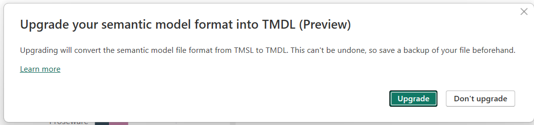 セマンティック モデル フォルダーを TMDL にアップグレードするプロンプトのスクリーンショット。