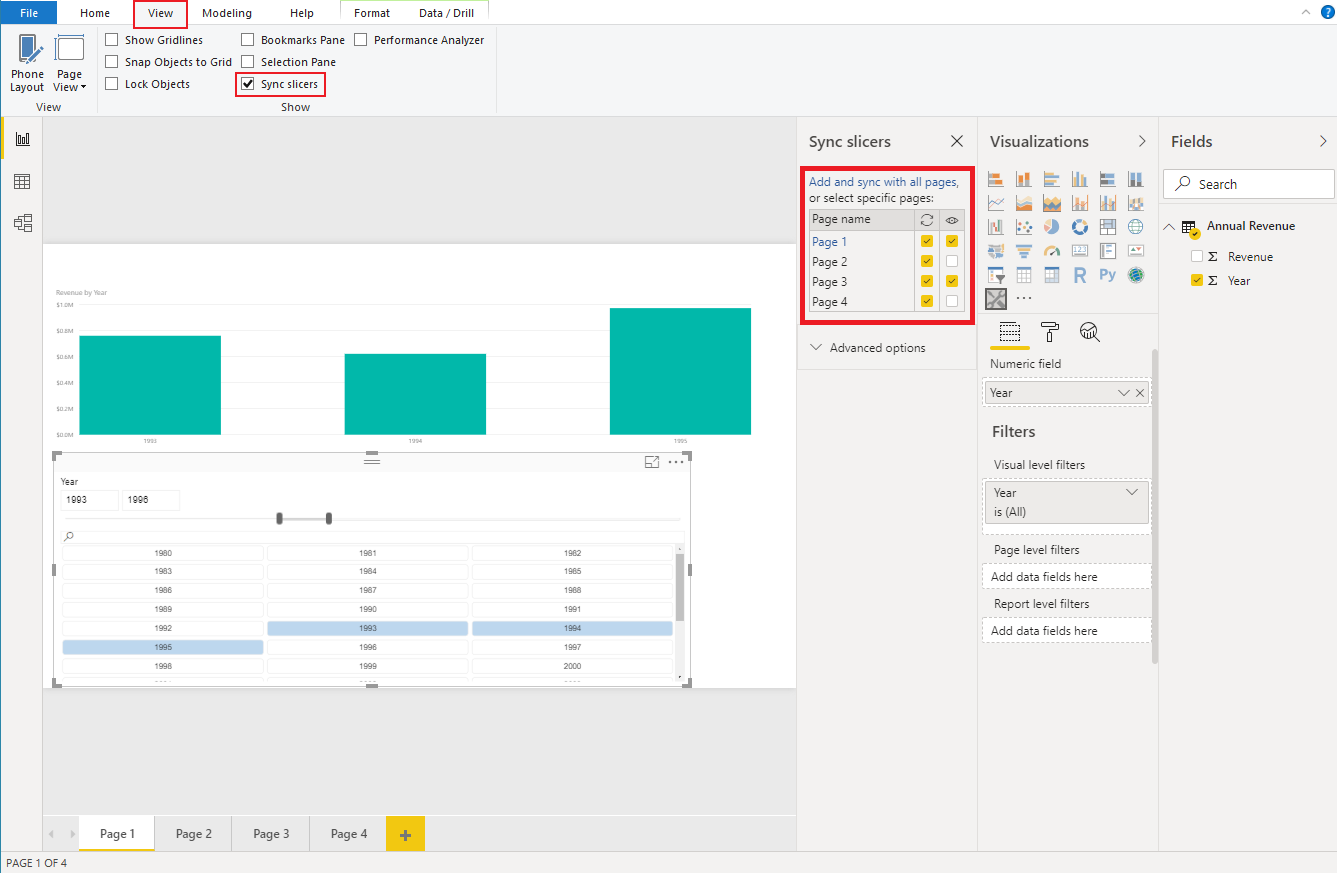 ビューの [スライサーの同期] ペインを示す Power BI Desktop のスクリーンショット。