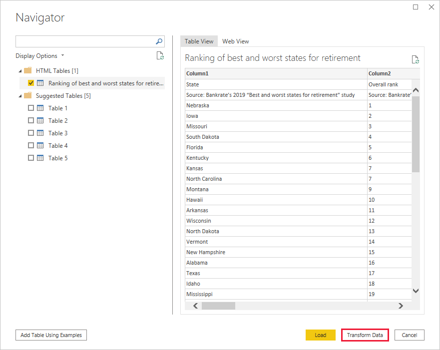 インポートされたデータのテーブル表示を示す Power BI Desktop のスクリーンショット。