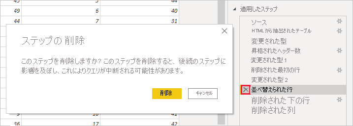 [ステップの削除] ダイアログ ボックスを示す Power BI Desktop のスクリーンショット。