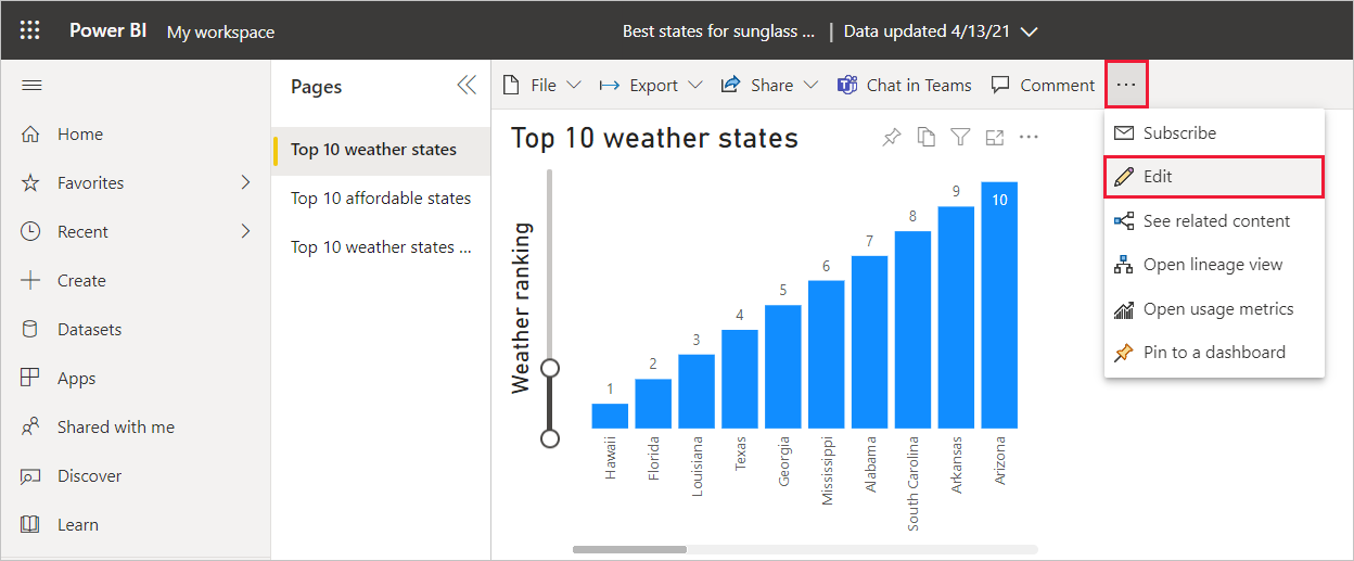 [編集] オプションを示す Power BI Desktop のスクリーンショット。