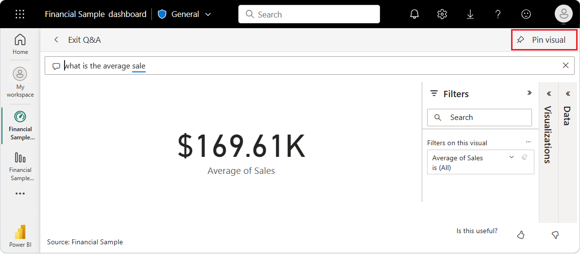 Screenshot that shows how to pin the Q&A answer visualization to a dashboard.