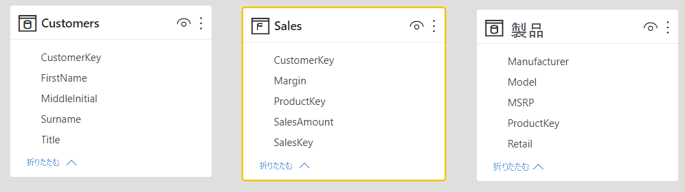 Screenshot showing Customers, Sales, and Products tables with no connected relationships.