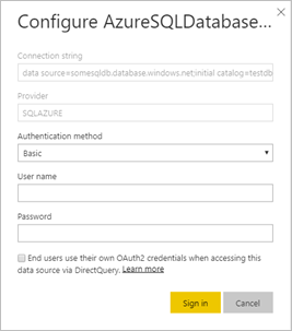 Azure SQL Database を構成するためのダイアログ ボックスのスクリーンショット。