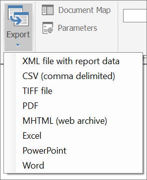 Power BI Report Builder の [エクスポート] オプションのスクリーンショット。