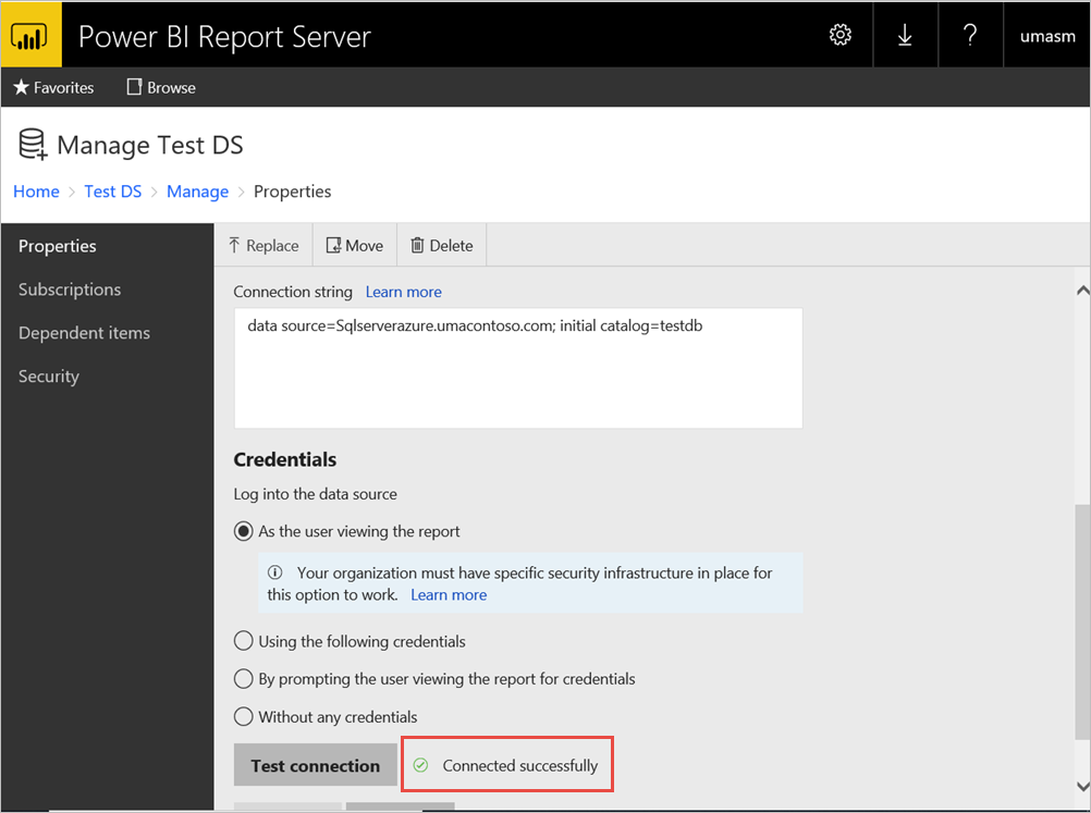 正常に接続された Power BI Report Server ポータル