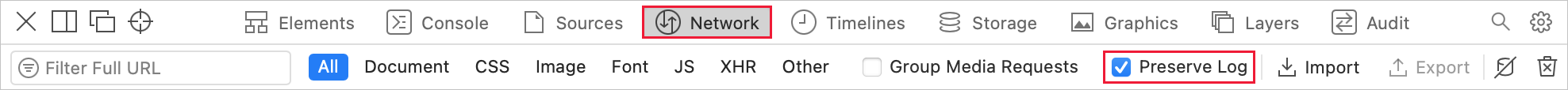 [Network] (ネットワーク) の [Preserve Log] (ログを保存) がオンになっている Web Inspector メニューのスクリーンショット。