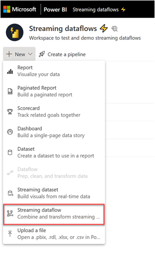 ストリーミング データフローが強調表示された [新規] メニュー オプションを示すスクリーンショット。